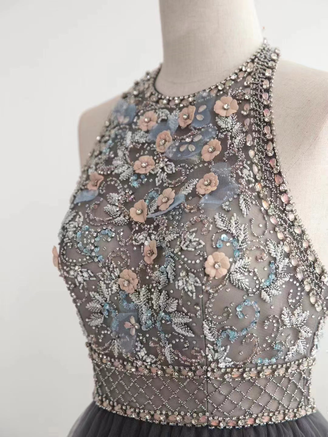 Halter Beaded Floral Long Prom Dresses, Cake Fluffy Prom Dresses, 2022 Prom Dresses, Formal Dresses