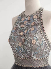 Halter Beaded Floral Long Prom Dresses, Cake Fluffy Prom Dresses, 2022 Prom Dresses, Formal Dresses