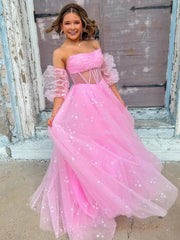 Bubble Sleeves Fashion Girl Party Dresses, A-line 2025 Newest Long Prom Dresses, Holiday Dresses