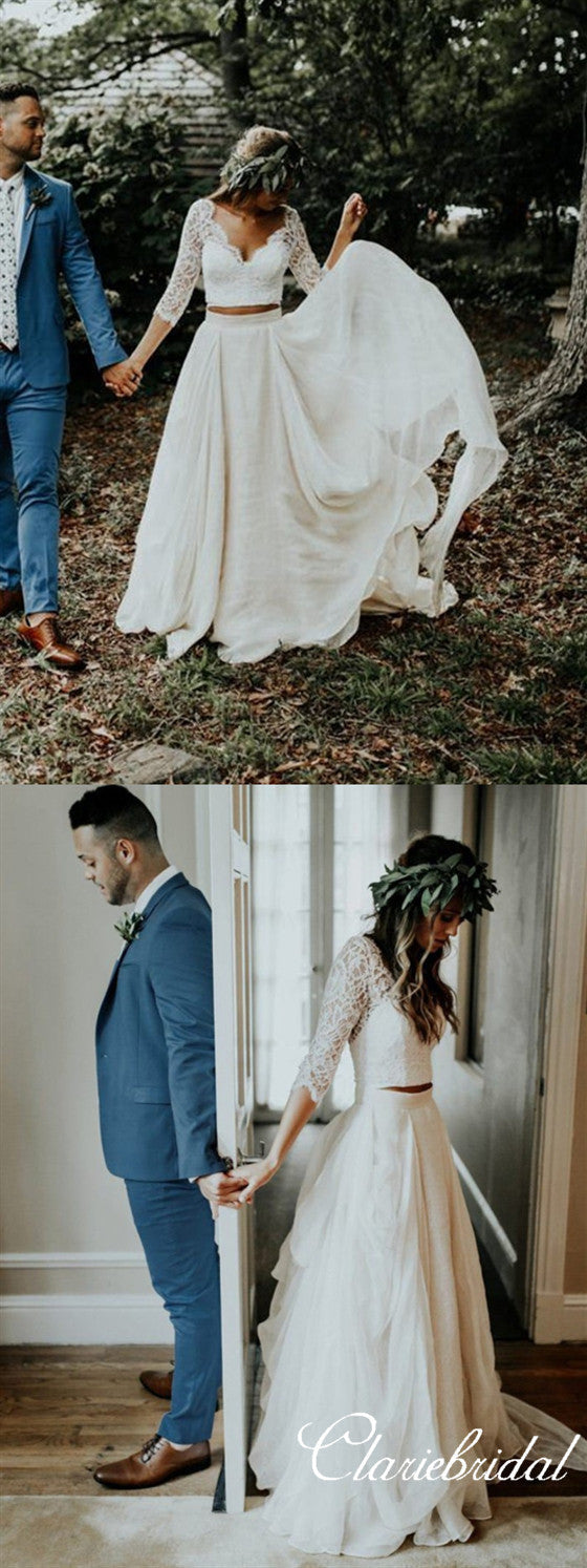 2 Pieces Lace Top Long Sleeves Boho Wedding Dresses