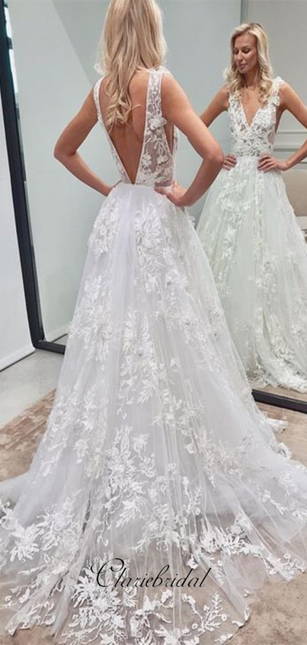 Deep V-neck Sexy A-line Tulle Wedding Dresses, Lace Design Bridal Gowns