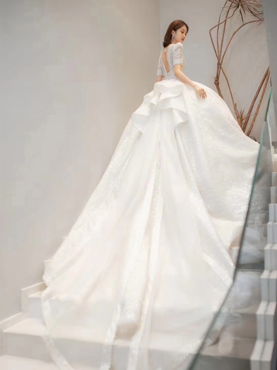 Gergeous A-line Popular 2021 Bridal Gowns, Elegant V-neck Beaded Wedding Dresses