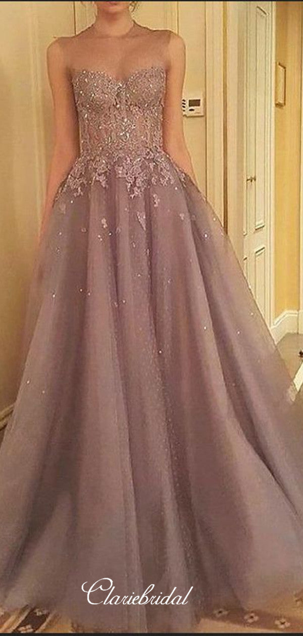 Elegant Lace Long Prom Dresses, Sleeveless Prom Dresses, A-line Prom Dresses