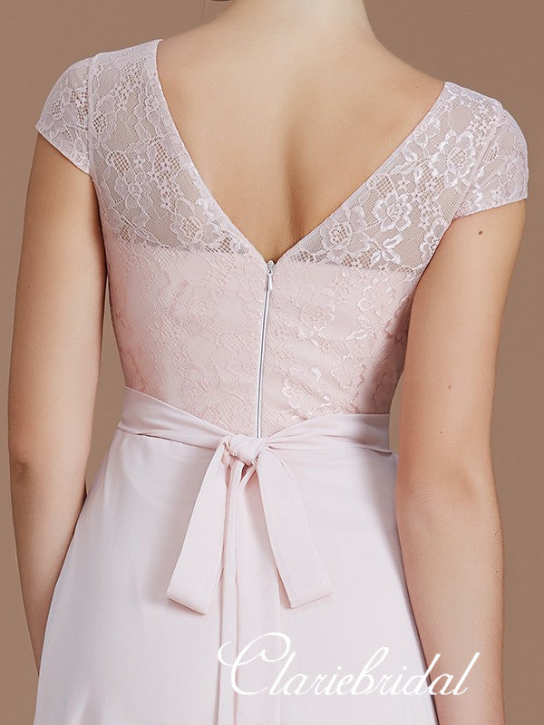 Cap Sleeves A-line Lace Chiffon Beaded Long Bridesmaid Dresses