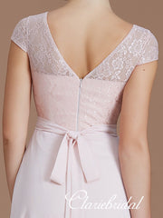 Cap Sleeves A-line Lace Chiffon Beaded Long Bridesmaid Dresses