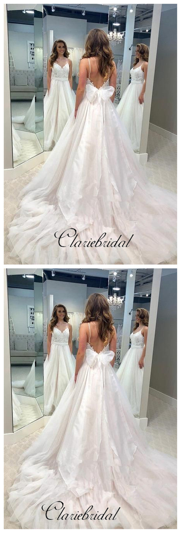 Elegant Spaghetti Straps Wedding Dresses, A-line Rosette Lace Bridal Gowns