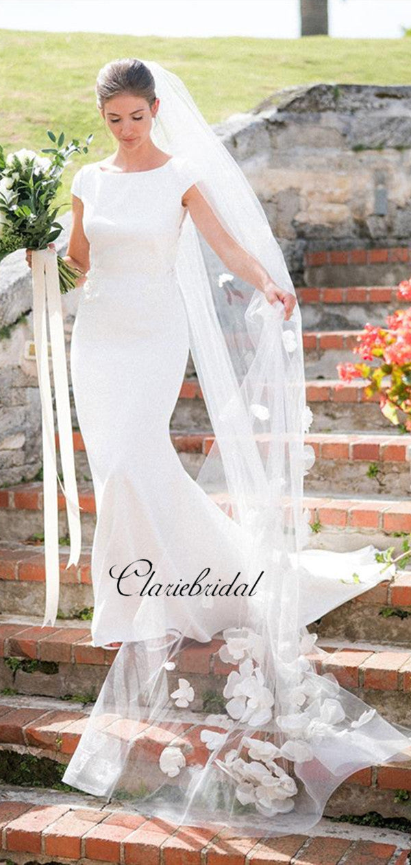 Cap Sleeves Mermaid Long Wedding Dresses, Lace Elegant Wedding Dresses