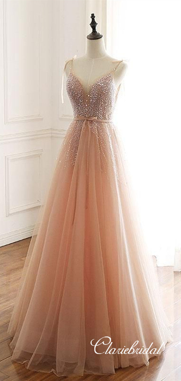 A-line Tulle Elegant Prom Dresses, Beaded Long Prom Dresses