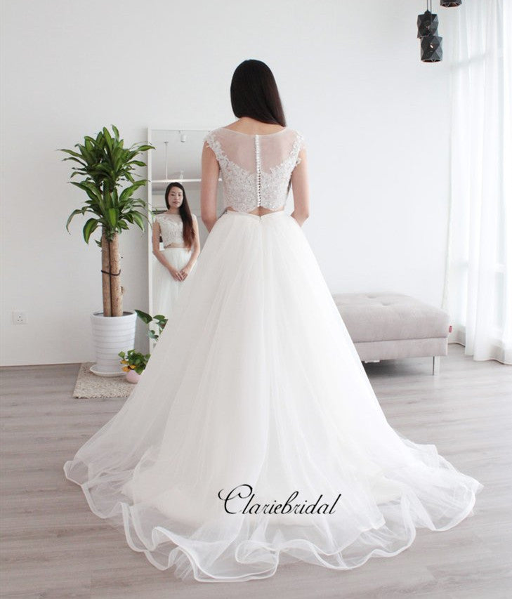 Cap Sleeves Two Pieces Lace Wedding Dresses, A-line Tulle Wedding Dresses