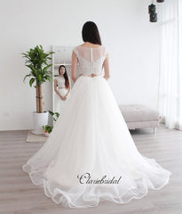 Cap Sleeves Two Pieces Lace Wedding Dresses, A-line Tulle Wedding Dresses