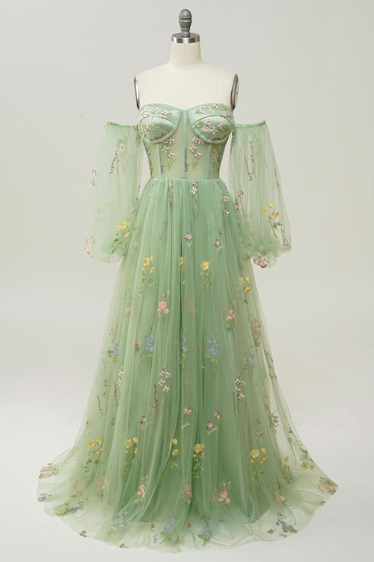 Corset Green Floral A-line Prom Dresses With Detachable Sleeves, Popular 2023 Prom Dresses, Beachy Prom Dresses