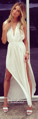 Deep V-neck Sexy Long Prom Dresses, Cheap Slit Prom Dresses