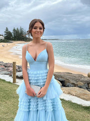 Baby Blue Ruffles Tulle Prom Dresses, A-line Prom Dresses, 2023 Prom Dresses, Affordable Formal Dresses, Evening Dresses