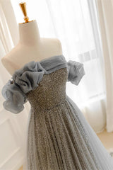 Grey A-line Sequin Tulle Prom Dresses, Shimmering Evening Dresses, Party Dancing Dresses