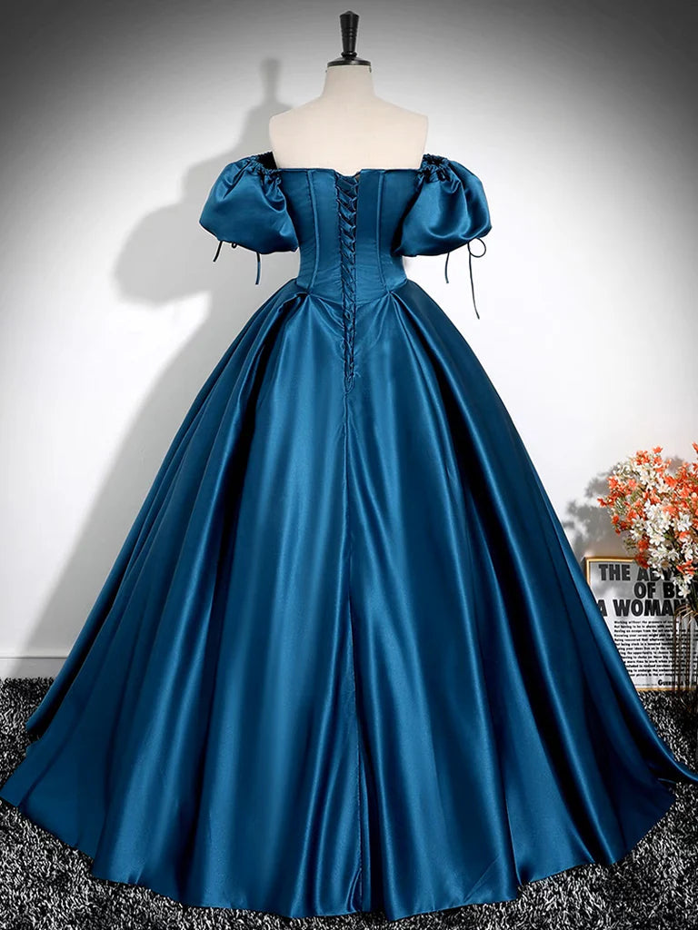 A-line Puffy Sleeves Satin Prom Dresses, Corset Evening Dresses, Newest Prom Dresses