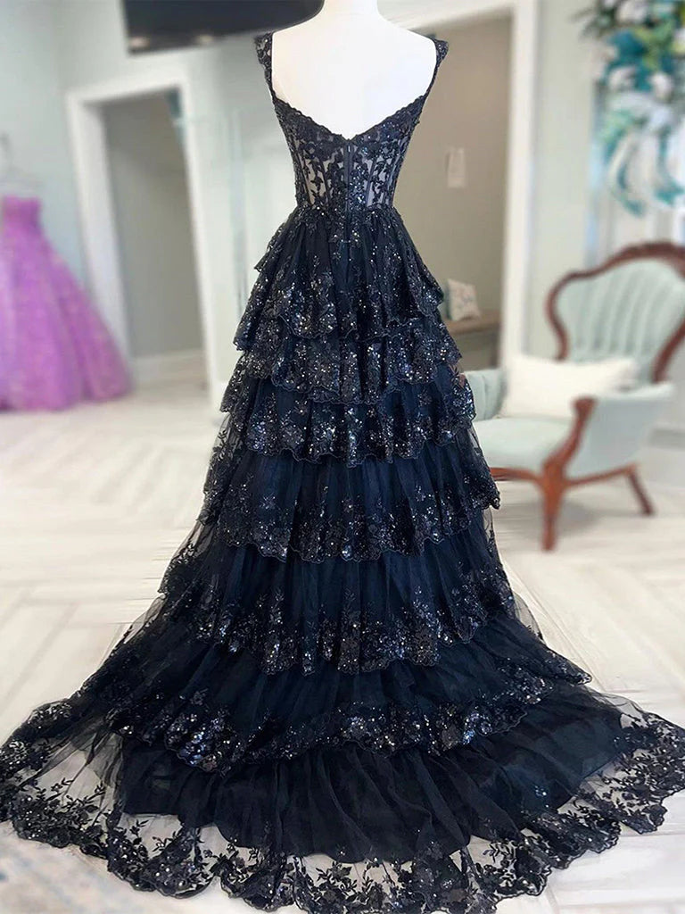 A-line Black Tulle Sequin Lace Edge Ruffles Prom Dresses, Evening Dresses, Newest Prom Dresses