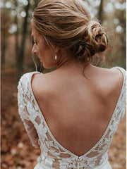Deep V-neck Long Sleeves Lace Tulle Wedding Dresses, Country Wedding Dresses, Bridal Gown