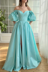 Blue A-line Satin Prom Dresses With Off the Shoulder Sleeves, Side Slit Prom Dresses, Elegant Newest Prom Dresses