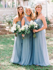 Convertible Long A-line Dusty Blue Tulle Bridesmaid Dresses