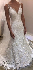Elegant Lace Wedding Dresses, V-neck Modest Lace Wedding Dresses