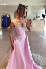 A-line Pink Satin Prom Dresses WIth Beaded Neckline, Princess Party Dance Dresses, 2025 Prom Dresses