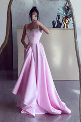 A-line Pink Satin Prom Dresses WIth Beaded Neckline, Princess Party Dance Dresses, 2025 Prom Dresses