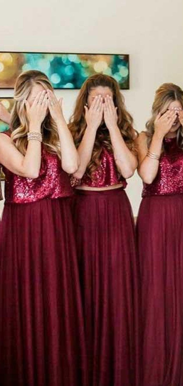 2 Pieces Sequin Top Tulle Bridesmaid Dresses, Lovely Bridesmaid Dresses, Popular Bridesmaid Dresses