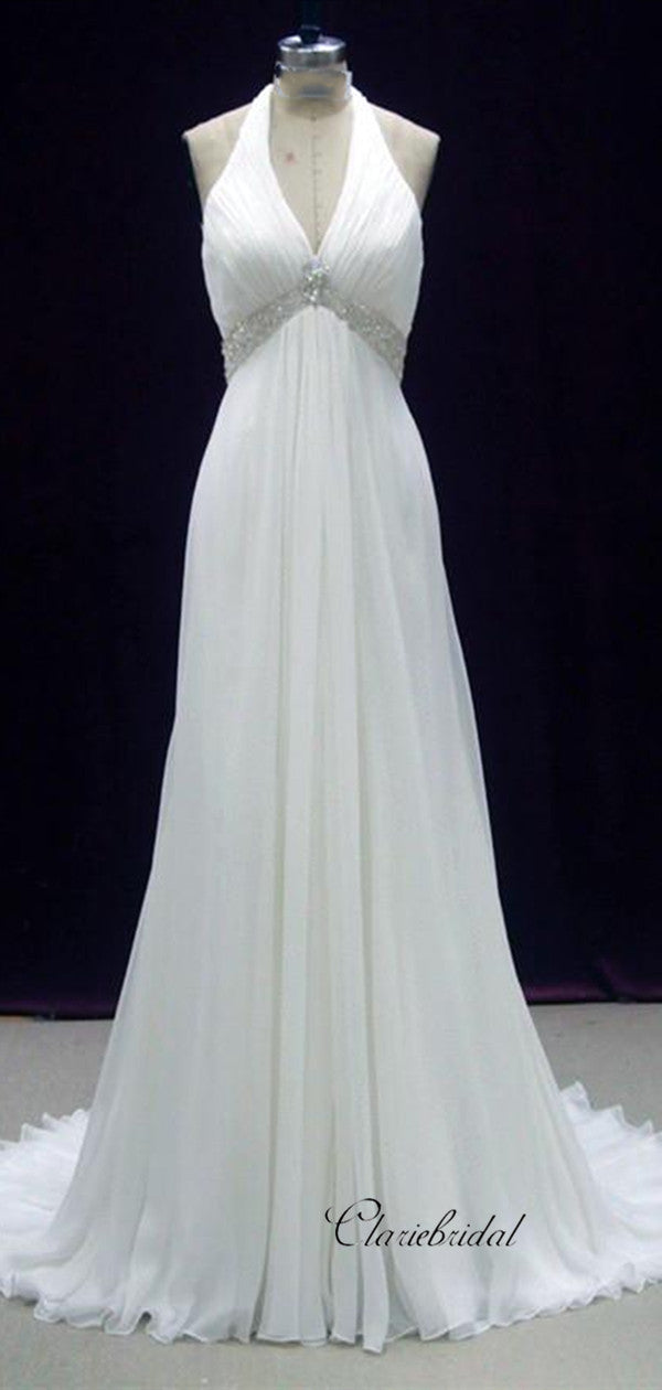 Beaded Halter Design Chiffon Wedding Dresses, Luxury Rhinestones Wedding Dresses