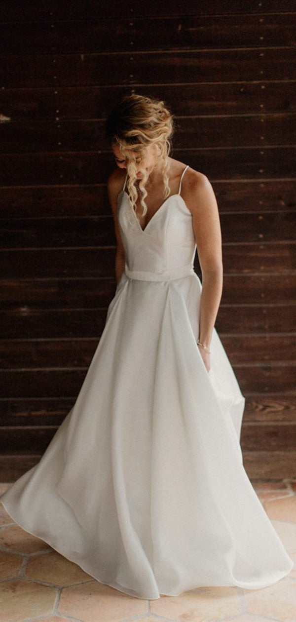 A-line Chiffon Beach Wedding Dresses, Straps V-neck Wedding Dresses