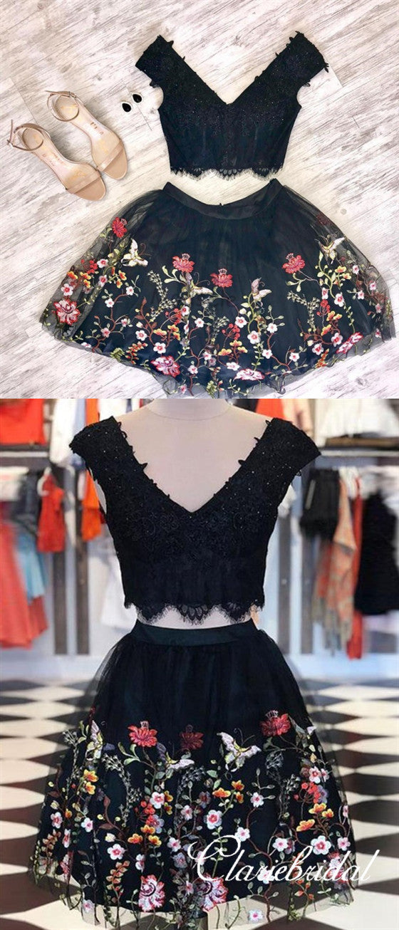 2 Pieces V-neck Black Lace Floral Tulle Homecoming Dresses