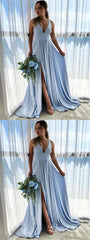 Blue V-neck Jersey Side Slit A-line Bridesmaid Dresses