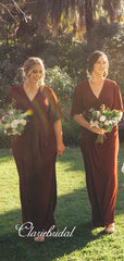 Half Sleeves A-line Burgundy Jersey Long Bridesmaid Dresses