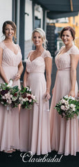 Cap Sleeves Long Pink Chiffon Lace A-line Bridesmaid Dresses