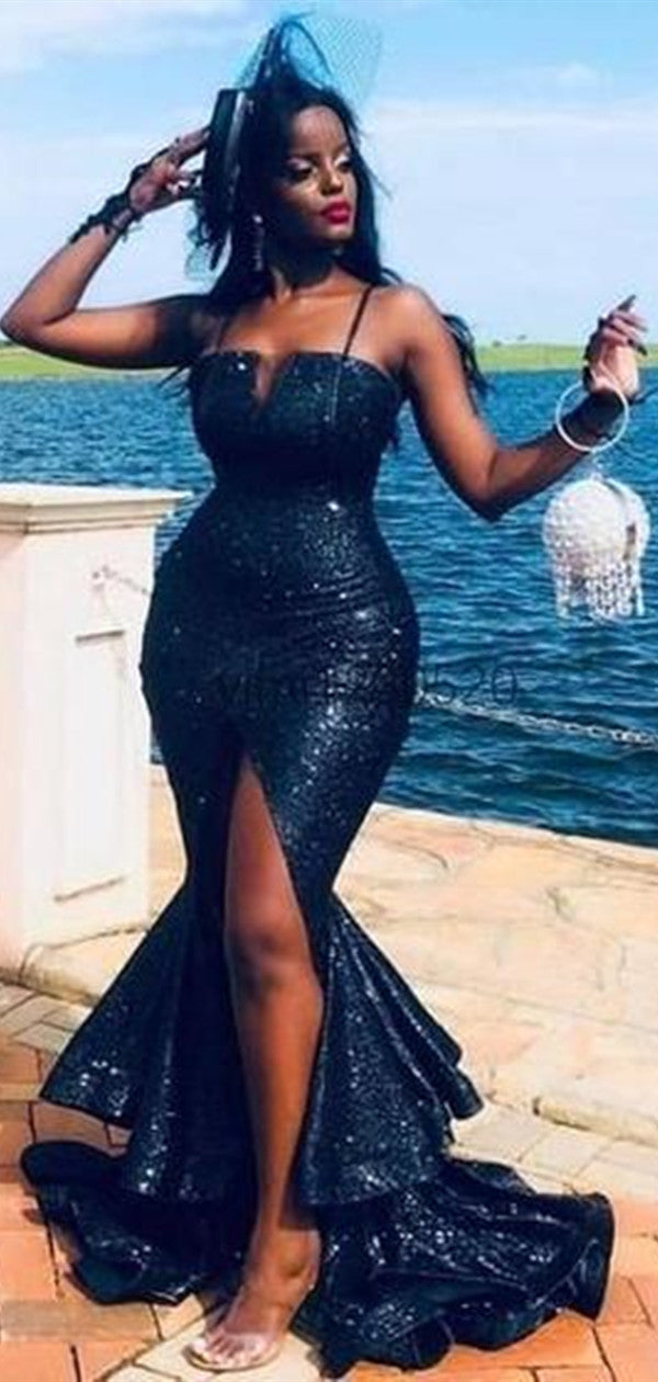 Dark Navy Sexy Mermaid Long 2021 Prom Dresses, Ruffles Sequin Long Formal Evening Party Prom Dresses