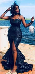Dark Navy Sexy Mermaid Long 2021 Prom Dresses, Ruffles Sequin Long Formal Evening Party Prom Dresses