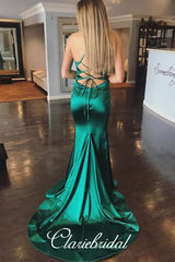 Green Soft Satin Mermaid Prom Dresses, Cross Back Prom Dresses, Long Prom Dresses