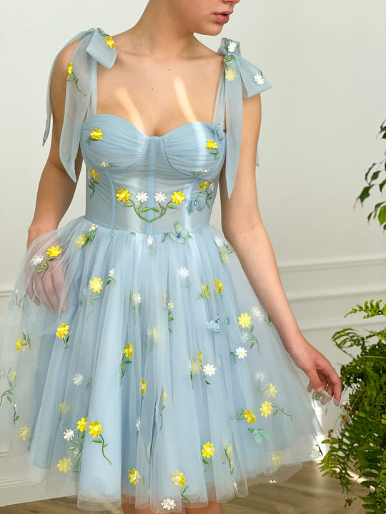 Cute Floral Blue Homecoming Dresses, Short Prom Dresses, Boned Mini Dresses, 2022 Prom Dresses