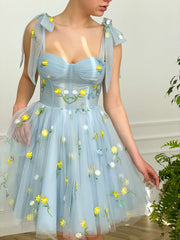 Cute Floral Blue Homecoming Dresses, Short Prom Dresses, Boned Mini Dresses, 2022 Prom Dresses