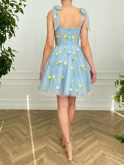 Cute Floral Blue Homecoming Dresses, Short Prom Dresses, Boned Mini Dresses, 2022 Prom Dresses