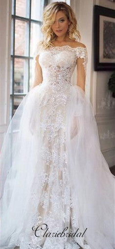 2 Pieces Sheath Lace Tulle Wedding Dresses, Lunury Bridal Gown