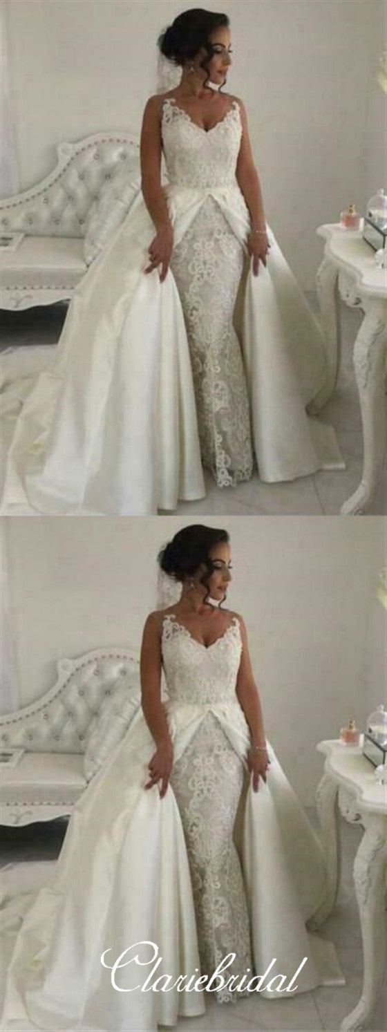 2 Pieces Long Lace Satin Ball Gown Wedding Dresses, Bridal Gown