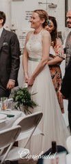 Halter Lace Top A-line Tulle Country Wedding Dresses With Satin Belt(Could Change Belt Color)