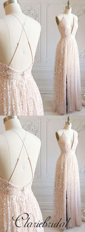 Deep V-neck Sequin Tulle Bridesmaid Dresses, Side Slit Bridesmaid Dresses