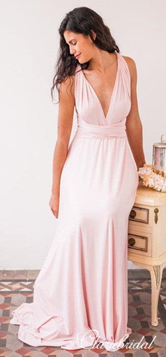Convertible A-line Blush Pink Jersey Long Bridesmaid Dresses