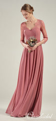 Half Sleeves Dusty Pink Chiffon Lace Long Bridesmaid Dresses