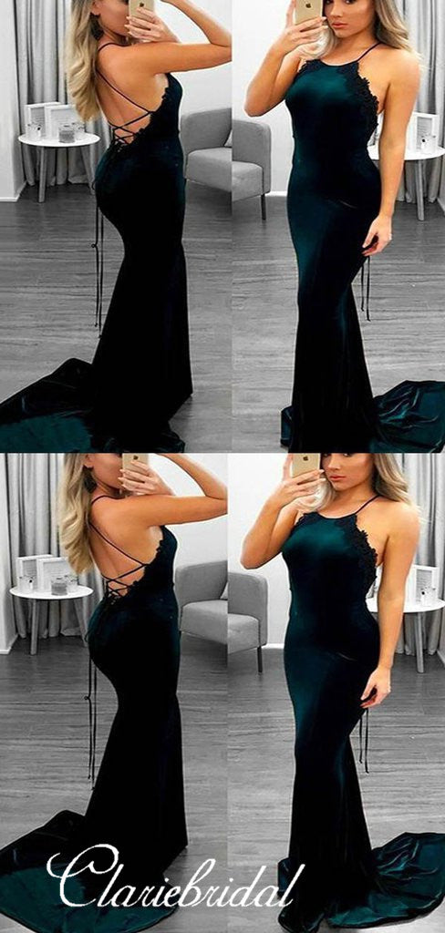 Emerald Green Velvet Prom Dresses, Cross Back Mermaid Prom Dresses, Prom Dresses