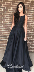 Black Satin A-line Prom Dresses, Long Prom Dresses, Popular Prom Dresses