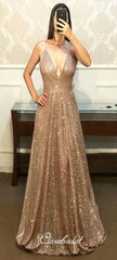 Cross Back Long A-line Sequin Tulle Prom Dresses, Sparkle Prom Dresses, Long Prom Dresses
