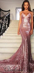 Cross Back Pink Sequin Mermaid Prom Dresses, Appliques Prom Dresses, Prom Dresses