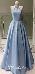 Halter Long A-line Beaded Prom Dresses With Pearls